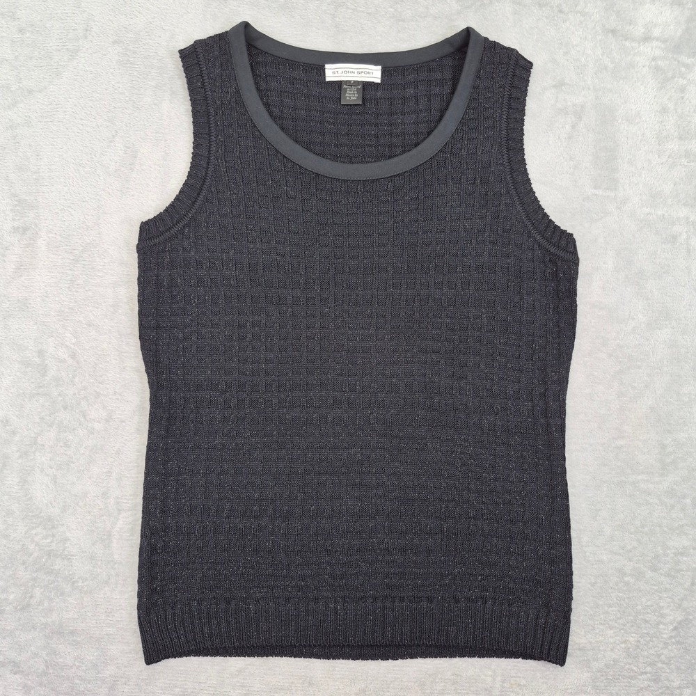 St John Sport Black Metallic Wool Blend Knit Tank Top Scoop Neck Petite P